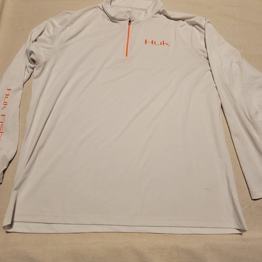 Huk White Long Sleeve Performance Shirt with Orange Logo XXL